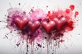 Pink glossy hearts on a background of watercolor splashes, stains and drops, valentine, card