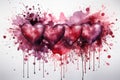 Pink glossy hearts on a background of watercolor splashes, stains and drops, valentine, card