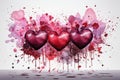 Pink glossy hearts on a background of watercolor splashes, stains and drops, valentine, card