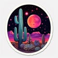 Cactus illuminated by neon pink lights, creating a captivating scene against the backdrop of the midnight dusk sky