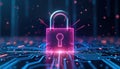 Pink glowing lock on blue tech circuit board represents cyber security, private data protection. Secure digital access shown