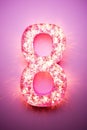 Pink glowing number eight. 8 Years Old. Eighth Birthday Celebration. Girls party. Girl celebrates. Special event