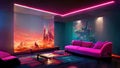 Pink glowing square sofa in cyberpunk clubhouse. Wallpaper. AI created a digital art illustration Royalty Free Stock Photo