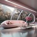 pink glowing tunnel fantasy space with smooth metal walls and seating areas