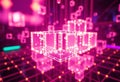 Pink glowing wireframe cubes float in a digital space with grid like patterns Royalty Free Stock Photo