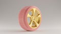 Pink an Gold Alloy Rim Wheel with a Complex Multi Spokes Design with Pink Racing Tyre