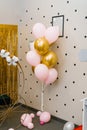 Pink and gold balloons in the design of the children`s birthday photo zone