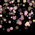 Pink gold confetti circle decoration for party invitation card. Bokeh lights effect vector.