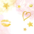 Pink and gold cute background with watercolor texture, lipds, heart and stars on white. Festive background