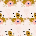 Pink and gold flowwers and diamonds, seamless pattern