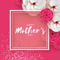 Pink Gold Happy Mothers Day Greeting card. Women`s Day. Paper cut flower. Origami Beautiful bouquet. Square frame. text.