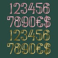 Pink and gold numbers with dollar and euro symbols. Metallic stamped typographic elements
