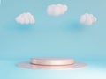 Pink gold podium with white clouds. Minimal pedestal in blue background.