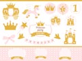 Pink and gold princess party decor. Cute happy birthday card template elements.