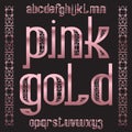 Pink Gold typeface. Rose golden patterned font. Isolated ornate english alphabet