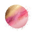 Pink gold Watercolor round splash splatter stain pattern. Gold glitters, spray. Colorful watercolor brush stroke, circle. Textured Royalty Free Stock Photo