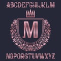 Pink golden letters with coat of arms template. Awesome font and elements kit for logo design Royalty Free Stock Photo