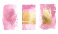 Pink and golden painted grunge stains and lines set, abstract rectangular banners