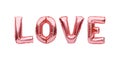 Pink golden word LOVE made of inflatable balloons isolated on white background. Rose gold foil balloon letters, concept of romance Royalty Free Stock Photo