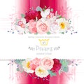 Pink gradient background with flowers frame in watercolor style. Royalty Free Stock Photo