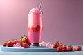 pink gradient tumbler bottle with strawberry shake displayed on podium, with berries, ice cubes