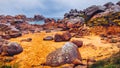 The pink granite coast view, granit rocks in Tregastel (Perros-Guirec), Brittany (Bretagne), France Royalty Free Stock Photo