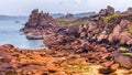 The pink granite coast view, granit rocks in Tregastel (Perros-Guirec), Brittany (Bretagne), France Royalty Free Stock Photo