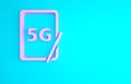 Pink Graphic tablet with 5G wireless internet wifi icon isolated on blue background. Global network high speed