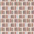 Pink gray stylish house on black background seamless pattern, cute simple hand drawn Royalty Free Stock Photo