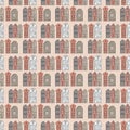 Pink gray stylish house on black background seamless pattern, cute simple hand drawn