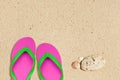 Pink and green flip flops on the beach