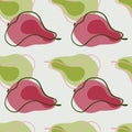 Pink and green hand drawn pear shapes contoured seamless pattern. Grey background. Food backdrop