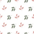 Pink green leaf vector seamless background pattern. Spring backdrop with leaves on neutral color. Scattered sprigs all