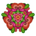 Pink-green mandala on white background.