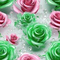 Pink Green Rose Flowers Glitter White Background Tile Seamless Background. Generative AI Royalty Free Stock Photo