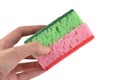 Pink and green washing sponges for dishes in a hand Royalty Free Stock Photo