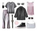 Pink grey black women`s fashion clothes isolated on white. Collection of trendy female clothing. Girl`s apparel Royalty Free Stock Photo