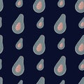 Pink and grey colored avocados seamless organic pattern. Navy blue dark background. Vitamin tasty backdrop