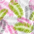 Pink, grey and green palm leaves seamless pattern