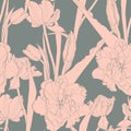 Pink grey line seamless floral pattern background. Spring flower. Hand drawn illustration and sketch Tulips flower. Royalty Free Stock Photo