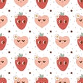 Pink groovy love seamless pattern with romantic hearts, hippie daisies, strawberry retro cartoon character. Vector print