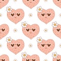 Pink groovy love seamless pattern with romantic hearts in sunglasses and daisies. Vector 70s cartoon character