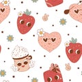 Pink groovy romantic seamless pattern. 1970 retro characters - heart with eyes, strawberry, y2k funky vector print