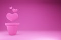 Pink growing hearts and pots purple measurement and analysis. Valentine`s day Family. 3D Rendering.