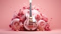 A pink guitar on a pink background, surrounded by flowers and abstract objects
