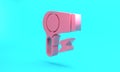 Pink Hair dryer icon isolated on turquoise blue background. Hairdryer sign. Hair drying symbol. Blowing hot air