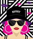 Cool girl wears bucket hat. Fashion illustration.