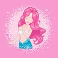 Pink hair mermaid on a pink background. Cute Mermaid in glitter frame, for t shirts or kids fashion artworks, children books.