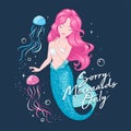 Pink hair mermaid on a dark background. Cute Mermaid with jellyfish , for t shirts or kids fashion artworks, children books.