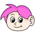 Pink haired female head emoticon, doodle icon image kawaii